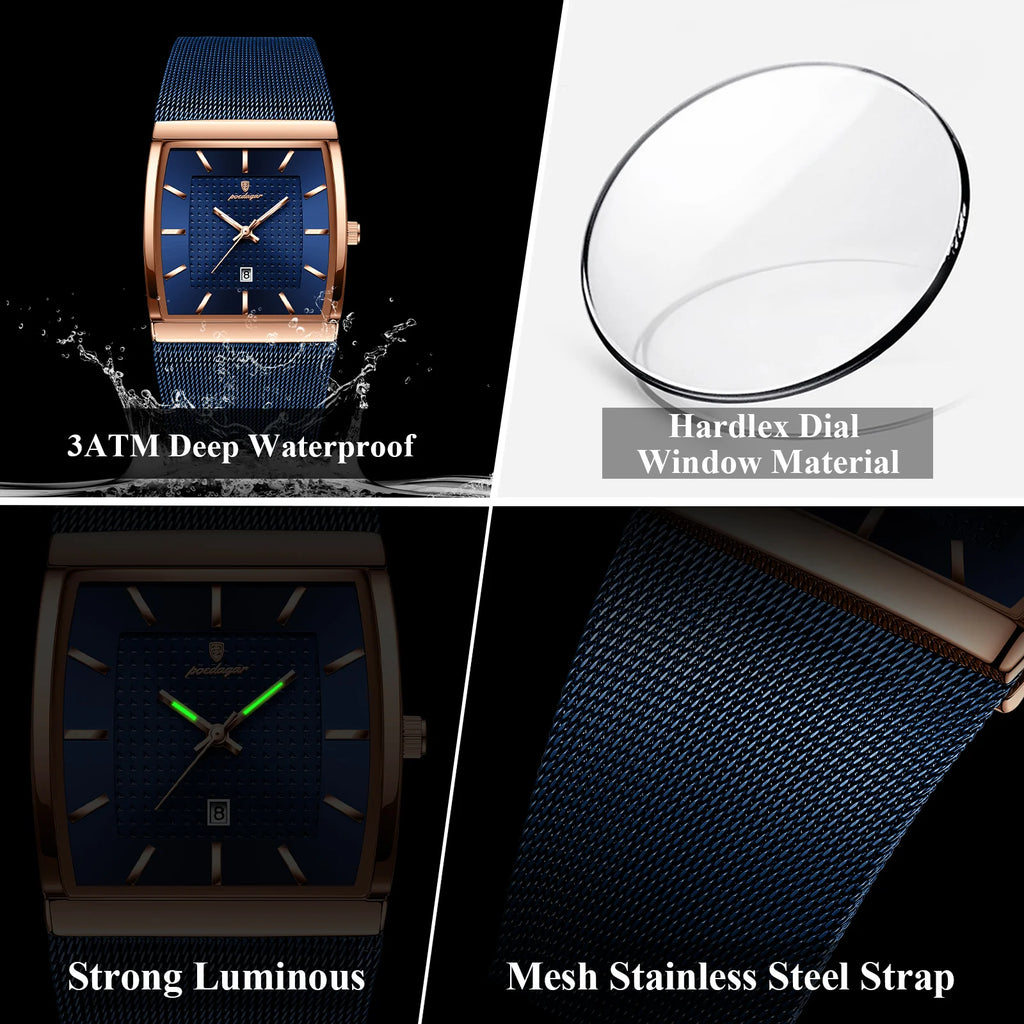 POEDAGAR Men's Waterproof Square Watch with Date Calendar & Luminous Hands - Stainless Steel Analog Wristwatch, 3ATM, Quartz Movement Suitable for Swimming,, Showering & Daily Use