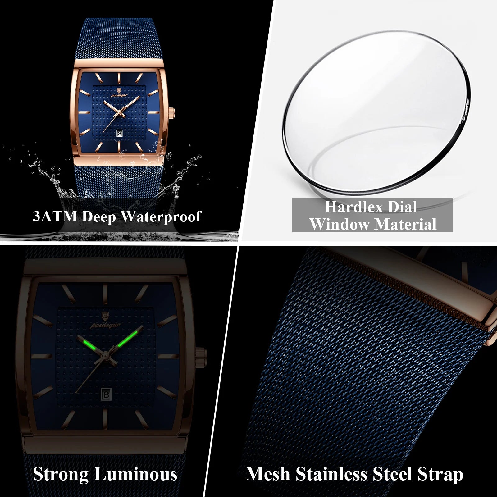 POEDAGAR Men's Waterproof Square Watch with Date Calendar & Luminous Hands - Stainless Steel Analog Wristwatch, 3ATM, Quartz Movement Suitable for Swimming,, Showering & Daily Use