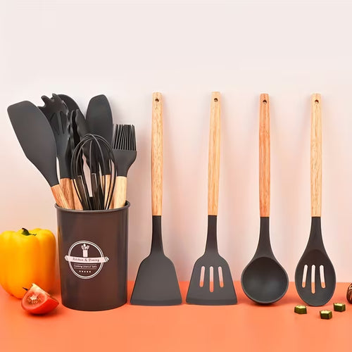 12pcs Silicone Cooking Tool Set, with Lightweight Wooden Handles And Non-Stick Spatulas And Spoons, Durable Kitchen Utensils, Suitable for Baking And Cooking