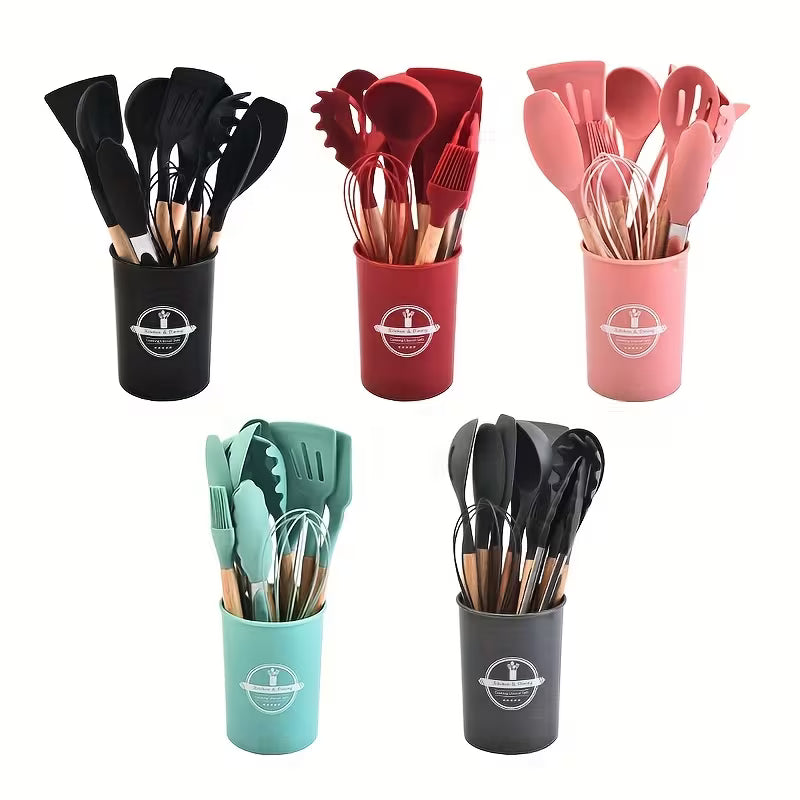 12pcs Silicone Cooking Tool Set, with Lightweight Wooden Handles And Non-Stick Spatulas And Spoons, Durable Kitchen Utensils, Suitable for Baking And Cooking