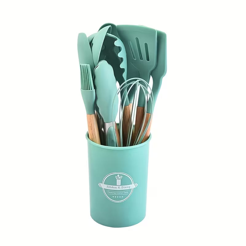 12pcs Silicone Cooking Tool Set, with Lightweight Wooden Handles And Non-Stick Spatulas And Spoons, Durable Kitchen Utensils, Suitable for Baking And Cooking