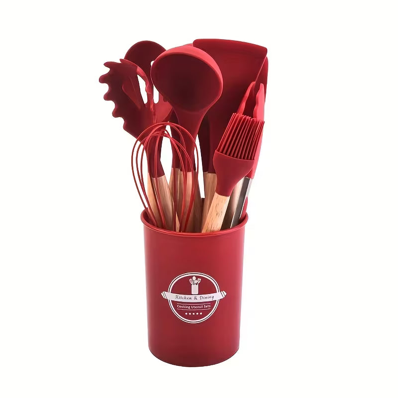 12pcs Silicone Cooking Tool Set, with Lightweight Wooden Handles And Non-Stick Spatulas And Spoons, Durable Kitchen Utensils, Suitable for Baking And Cooking