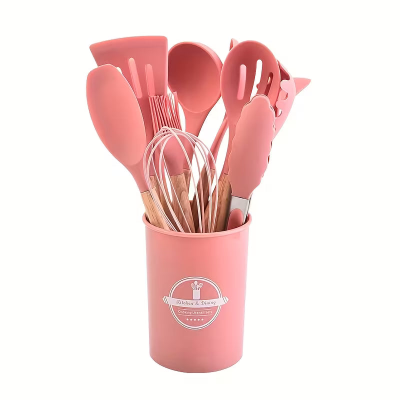 12pcs Silicone Cooking Tool Set, with Lightweight Wooden Handles And Non-Stick Spatulas And Spoons, Durable Kitchen Utensils, Suitable for Baking And Cooking