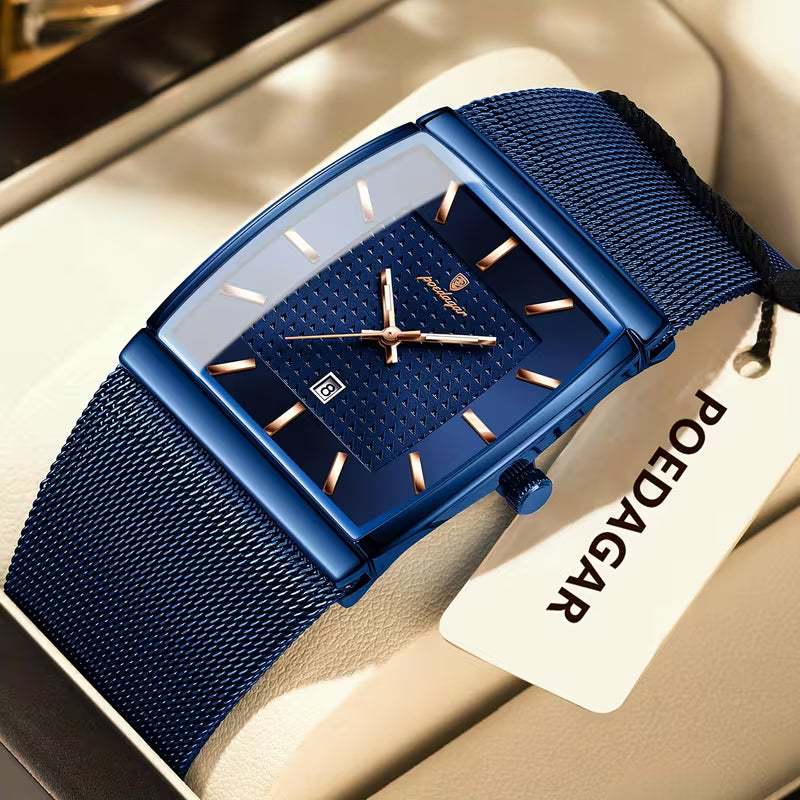 POEDAGAR Men's Waterproof Square Watch with Date Calendar & Luminous Hands - Stainless Steel Analog Wristwatch, 3ATM, Quartz Movement Suitable for Swimming,, Showering & Daily Use