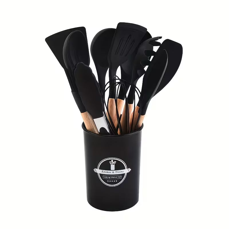 12pcs Silicone Cooking Tool Set, with Lightweight Wooden Handles And Non-Stick Spatulas And Spoons, Durable Kitchen Utensils, Suitable for Baking And Cooking